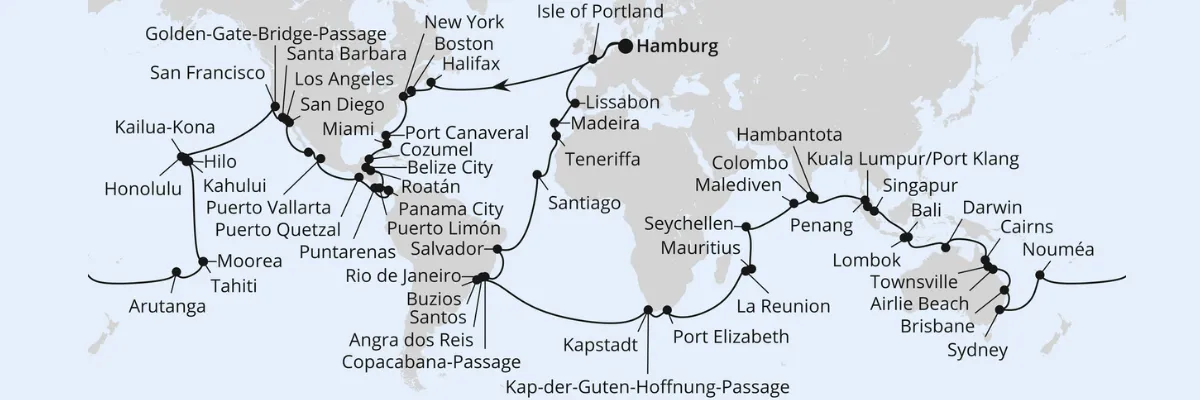 Hamburg - Portland - Uk - Halifax - Boston - Boston - New York City - New York City - Port Canaveral - Miami - Cozumel - Belize - Roatan (Mahogany Bay) - Puerto Limon - Panamakanal-Passage - Panama City - Panama City - Puntarenas - Puerto Quetzal - Puerto