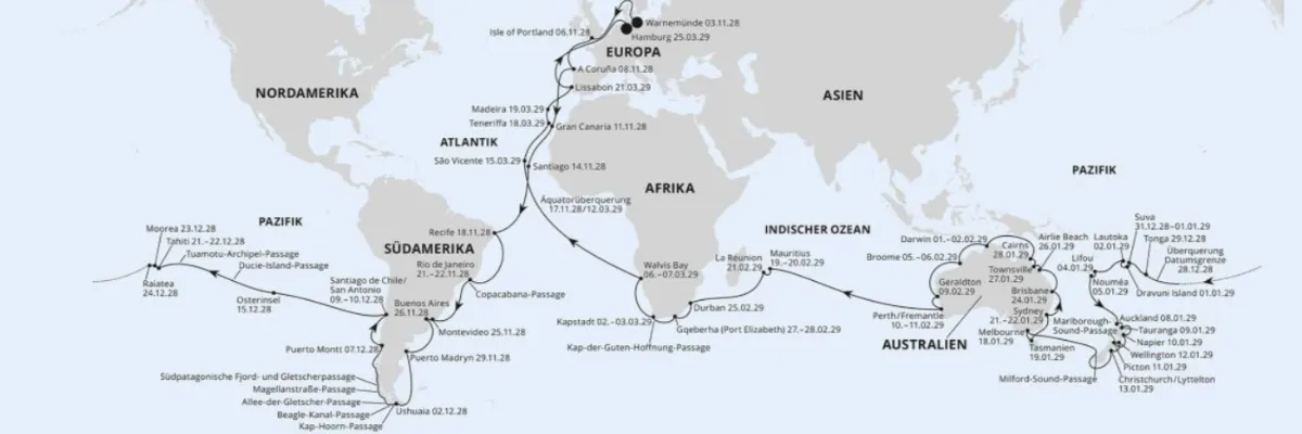 Warnemünde - Portland, Uk - La Coruna - Las Palmas/Gran Canaria - Santiago/Praia (Kapverden) - Äquatorüberquerung - Recife - Copacabana-Passage - Rio De Janeiro (2 Tage) - Montevideo - Buenos Aires - Puerto Madryn - Ushuaia - Kap-Hoorn-Passage - Beagle-Ka