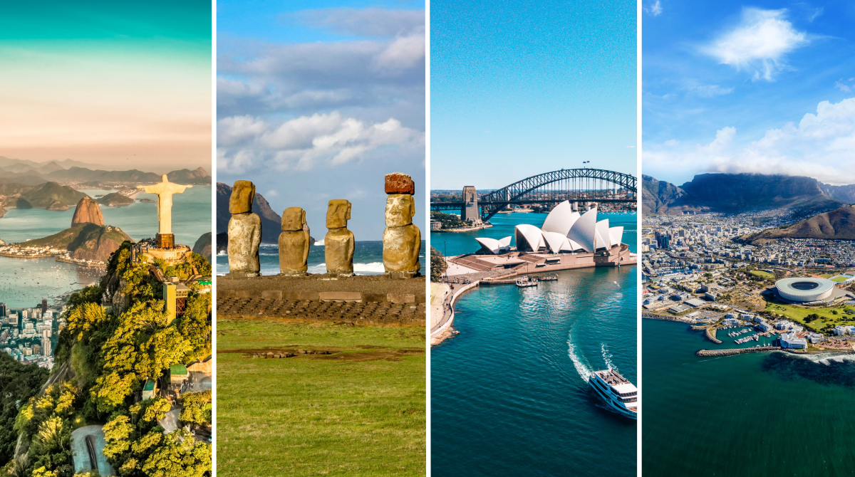4-teiliges Bild: Christusstatue und Zuckerhut in Rio, Steinfiguren auf der Osterinsel, Opernhaus und Harbour Bridge in Sydney und Tafelberg in Kapstadt