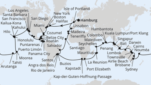 Weltreise 2027 Hamburg - Portland - Uk - Halifax - Boston - Boston - New York City - New York City - Port Canaveral - Miami - Cozumel - Belize - Roatan (Mahogany Bay) - Puerto Limon - Panamakanal-Passage - Panama City - Panama City - Puntarenas - Puerto Quetzal - Puerto