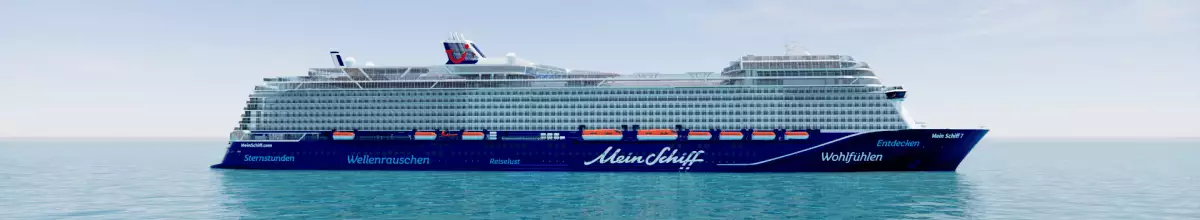 Rendering: Seitenansicht der Mein Schiff 7, die seit 2024 die TUI Cruises Flotte verstärkt.