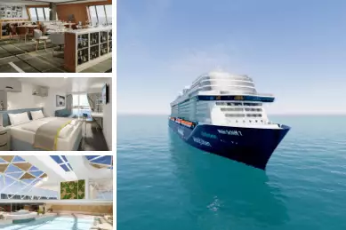 4-teiliges Bild: links untereinander Italienisches Restaurant mit Panoramascheiben & Meerblick, Balkonkabine mit Doppelbett, Innenpool mit Glasdach. Rechts Frontansicht von <i>Mein Schiff 7</i> auf dem Meer. Jeweils Renderings.