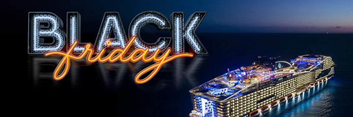 MSC Cruises Black Friday 2026 Ein Werbebanner für den Black Friday bei MSC Cruises 2026. Das Black Friday ist wie eine Leuchtanzeige gestaltet.