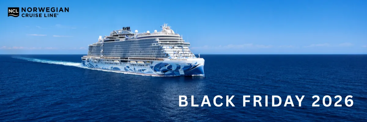 Black Week Angebote bei NCL Norwegian Prima auf hoher See mit dem Schriftzug "Black Friday 2026"