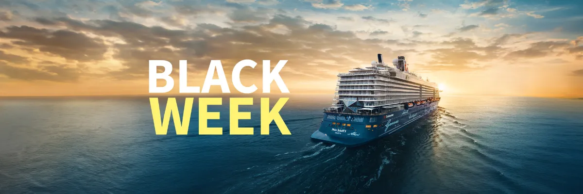 TUI Cruises Mein Schiff Black Week Wein Werbebanner für die Black week von TUI Cruises/ Mein Schiff 2026. Mein Schiff 5 fährt Richtung Sonnenuntergang.