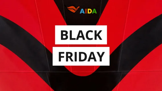 Black Friday bei AIDA Roter AIDA Kussmund auf schwarzem Hintergrund mit der Aufschrift Black Friday.