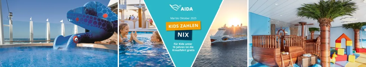 3-teiliges Bild: rechts blaue Wasserrutsche in Schlangenform am Kinderpool, Mitte 3teiliges AIDA-Bild mit Kind & Frau im Pool, Werbetext der Familienaktion und einem AIDA Schiff, rechts Kinderbereich mit Piratenschiff, Palme & Bauklötzen