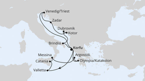 Adria & Mittelmeerinseln ab Korfu 2 Korfu - Valletta - Sizilien/Catania - Messina - Argostolion - Olympia/Katakolon - Korfu - Triest - Zadar - Kotor - Dubrovnik - Brindisi - Korfu