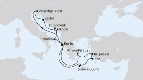 Adria & Griechenland ab Korfu 1 Korfu - Triest - Zadar - Dubrovnik - Kotor - Brindisi - Korfu - Souda-Bucht - Kos - Kusadasi - Athen/Piräus - Korfu