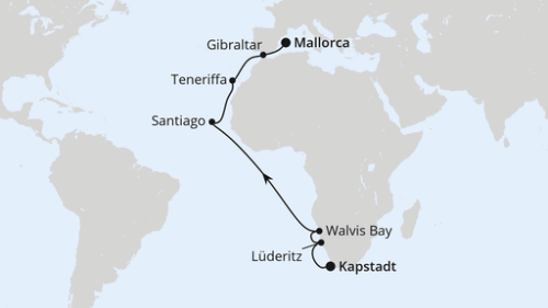 Kapstadt - Kapstadt - Lüderitz - Walvis Bay - Äquatorüberquerung - Santiago/Praia (Kapverden) - Santa Cruz De Tenerife - Gibraltar - Palma