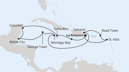 La Romana/Dom. Republik - Ocho Rios - Cozumel - Belize - Grand Cayman - Montego Bay/Jamaika - Samana - Roadtown - Basseterre - La Romana/Dom. Republik
