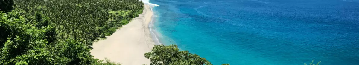 Links im Bild sieht man den Dschungel. Mittig daneben sandfeinen Strand und rechts das türkisblaue Meer