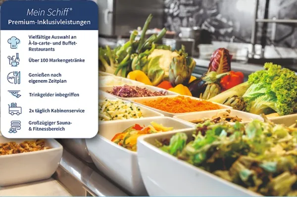Inklusivleistungen bei Mein Schiff® Buffet an der Wok-Station und Plakette zu den Inklusivleistungen