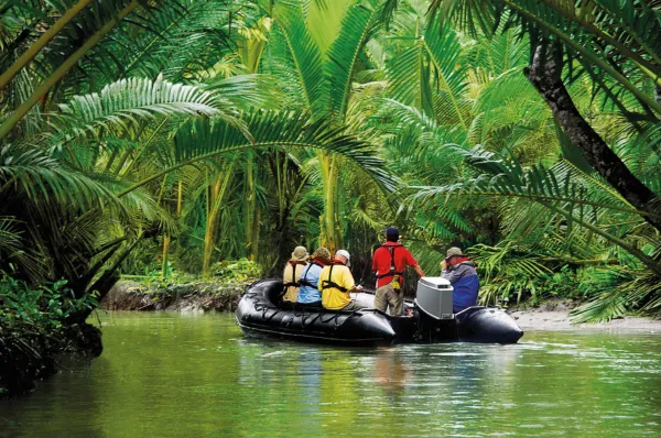 Zodiac-Fahrt durch tropische Vegetation Gäste der HANSEATIC nature erkunden im Zodiac einen schmalen Wasserlauf zwischen dichten Palmen.