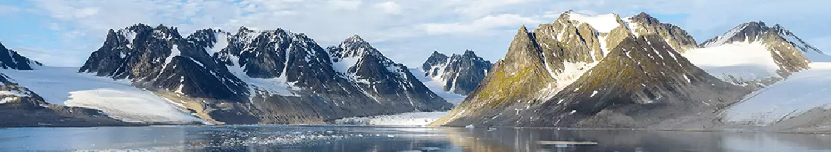 Zwischen Eisschollen ragen die Berge am Ufer hervor.