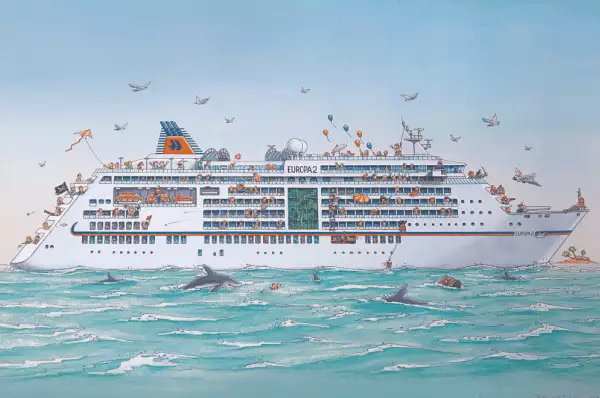 Familienkreuzfahrt bei Hapag-Lloyd Zu sehen ist eine Fotomontage eines Schffes, welches kinderfreundlich dagestellt ist. Es befinden sich viele Tiere an Board und das Schiff ist bunt geschmückt mit Luftbalons.