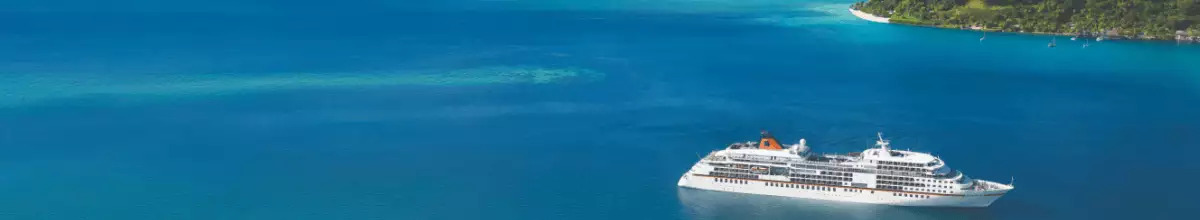 Ein Kreuzfahrtschiff fährt an einer Insel vorbei auf dem Meer.