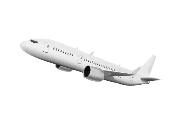 Ein weißes Flugzeug ist diagonal nach links oben gerichtet und stellt da, wie es abfliegt.