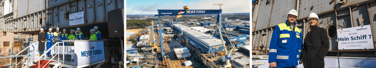 3-teiliges Bild: Links Mitarbeiter von TUI Cruises, der Meyer Turku Werft & des Anteilseigners Royal Caribbean Group, Mitte: Luftbild mit Blick über die Werft, Rechts: TUI Cruises CEO Wybcke Meier und Werftchef Tim Meyer.