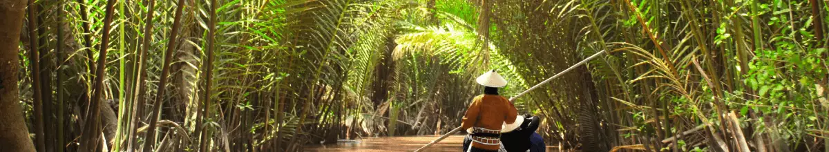 Inmitten von Palmenblättern fährt ein kleines Boot über den Mekong.