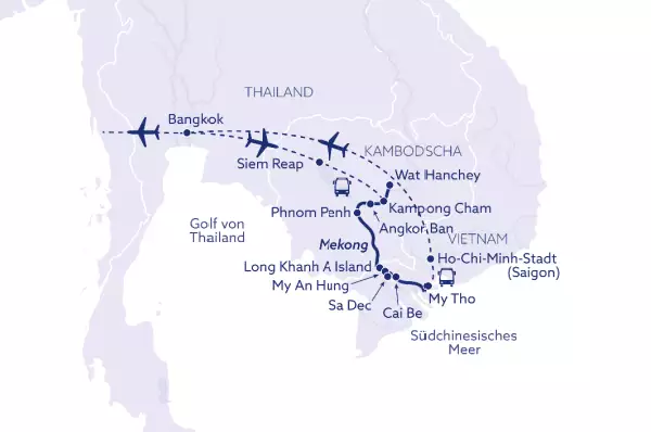 Der Mekong verläuft durch 5 Länger. Genau das gibt die Routenvorschau auch her. Sie sehen die unterschiedlichsten Städte auf Ihrer Reise.