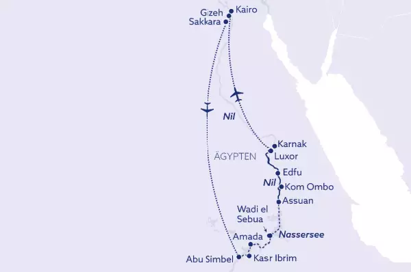 Eine Nilkreuzfahrt mit der STEIGENBERGER OMAR EL KHAYAM Die Route führt über alle bekannten Städte Ägyptens. Das Schiff fährt sowohl über den Nil, als auch über den Nassersee.