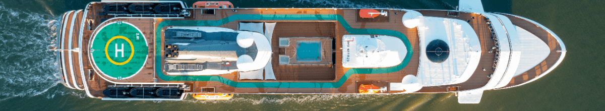 Das oberste Deck der WORLD VOYAGER aus der Vogelperspektive.
