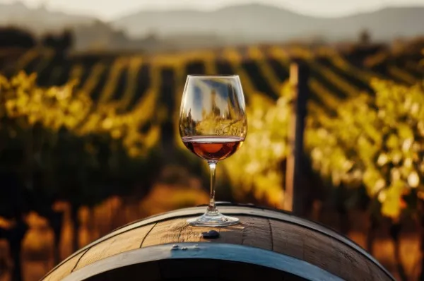 Wein- und Genusskreuzfahrten mit nicko cruises Ein Glas Rotwein steht auf einem Holzfass inmitten eines Weinberges.