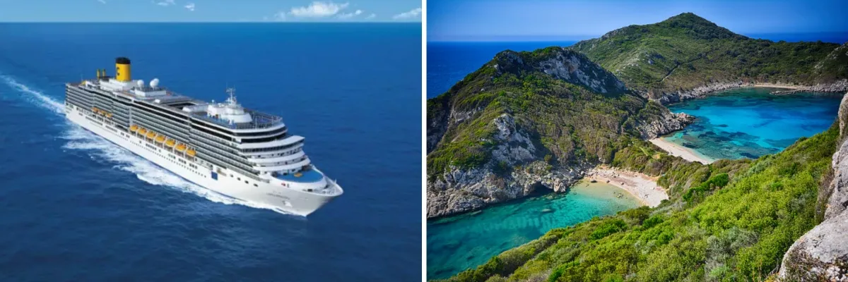Oster Special: mit Costa ins Mittelmeer Zwei-geteiltes Bild: Links die Costa Deliziosa im Mittelmeer, rechts der Porto Timoni Strand auf der griechischen Insel Korfu.