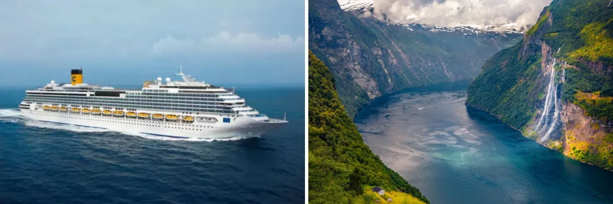 Oster Special: Mit Costa nach Nordeuropa Zwei-geteiltes Bild: link Costa Favolosa in der Nordsee, rechts der Geirangerfjord in Norwegen bei sommerlichem Wetter.