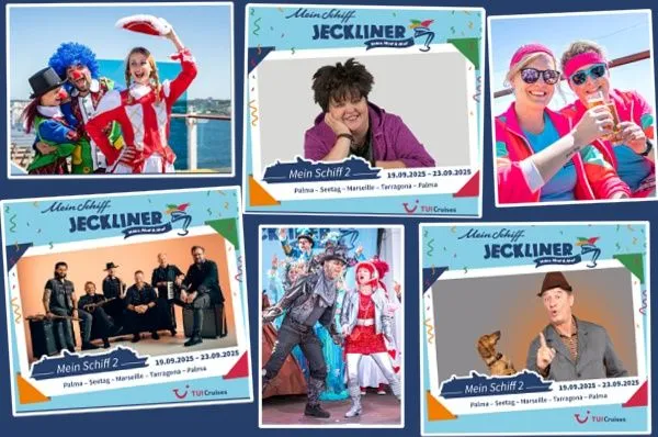 6-teiliges Bild: Feiernde Menschen und Fotos der Bands und Personen, die im Line Up des Jeckliner 5 vertreten sind.