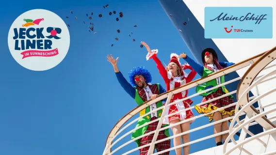 3-teiliges Bild: Links Tanzmariechen in roter Uniform und Clown mit blauer Perücke an Bord von Mein Schiff. Links oben das Logo des Jeckliner im Sunnesching, rechts oben das Logo von Mein Schiff.