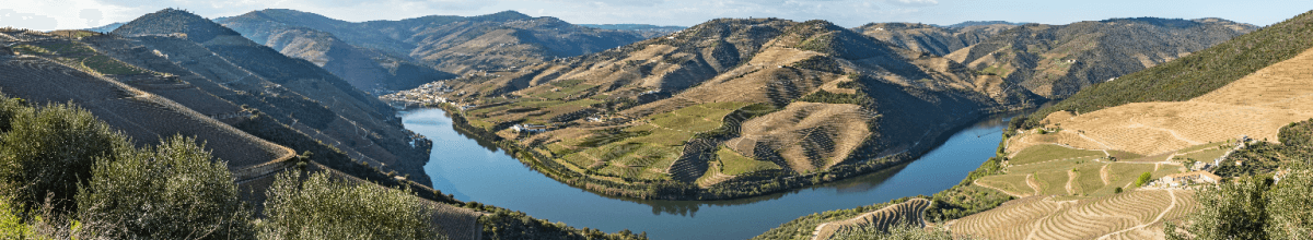 Das Dorf Pinhão, umgeben von wunderschönen Weinbergen, im Douro-Tal, durch das der Fluss Douro fließt.