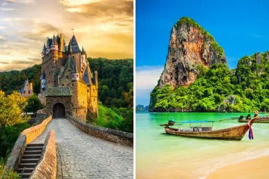2-teiliges Bild: Links ein Schloss in Koblenz, Rechts Ein Boot vor einer Felsformation in Phuket.