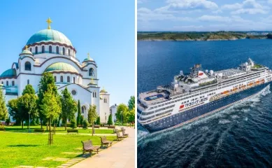 Angebote der Woche von nicko cruises 2-teiliges Bild: links Dom des Heiligen Sava in Belgrad in Serbien, rechts die VASCO DA GAMA vor der Küste von Bergen in Norwegen.
