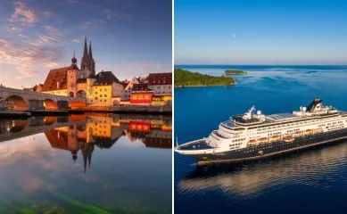 2-teiliges Bild: links eine idyllische Straße in Regensburg bei Dämmerung, rechts die VASCO DA GAMA vor der Küste von Bergen in Norwegen.