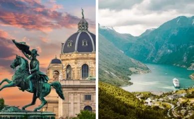 Angebote der Woche von nicko cruises 2-geteiltes Bild: Links das naturhistorische Museum in Wien, rechts der Geirangerfjord in Norwegen an einem sommerlichen Tag.