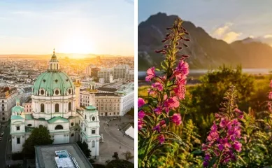 2-geteiltes Bild: Links die Karlskirche in Wien bei strahlendem Himmel, Rechts rosa Trichterblumen vor einem Fjord, eingerahmt von Bergen in Norwegen.