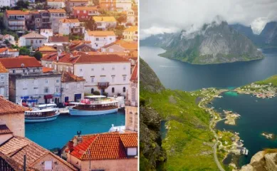 2-geteiltes Bild: Links die sonnige Stadt Trogir an der Dalmatinischen Küste, Rechts eine kleine Stadt an einem norwegischen Fjord.