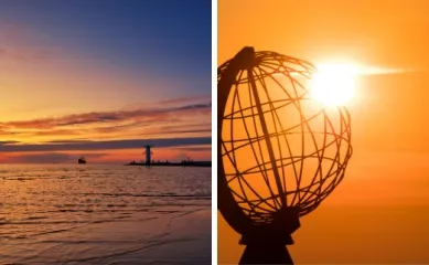 2-teiliges Bild: links die Ostseeküste bei Sonnenuntergang, rechts die metallene Weltkugel im Sonnenuntergang am Nordkap.