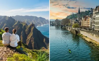 2-teiliges Bild: links zwei Personen sitzen nach einer Wanderung auf einem Berg und schauen auf die Küste Teneriffas, Rechts das Ufer von Lyon bei Dämmerung.
