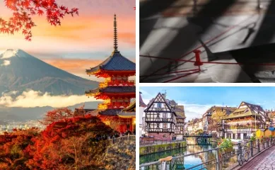 Angebote der Woche von nicko cruises 3-teiliges Bild: links ein traditioneller Tempel bei Tokio in der Abenddämmerung, rechts oben ein Symbolbild für die True Crime Kreuzfahrt, rechts unten das Viertel "La petite France" in Straßburg am Rhein.