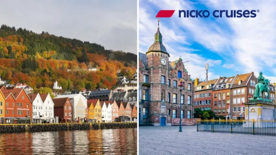 2-teiliges Bild: links eine bunte Häuserreihe am Fjord in Bergen, Norwegen; rechts die Düsseldorfer Innenstadt am Rhein.