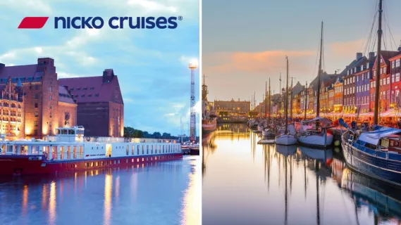 2-teiliges Bild: links das Schiff KATHARINA VON BORA von nicko cruises an einem baltischen Hafen, rechts eine bunte Häuserreihe am Ufer von Kopenhagen.