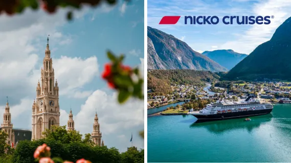 Angebote der Woche von nicko cruises 2-teiliges Bild: links das Wiener Rathaus, eingerahmt von Blumen. Rechts die VASCO DA GAMA im Eidfjord an einem Hafen.