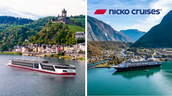 Angebote der Woche von nicko cruises 2-teiliges Bild: links ein nicko cruises Flussschiff fährt entlang einer idyllischen Stadt. Rechts die VASCO DA GAMA im Eidfjord an einem Hafen.