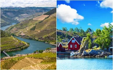 2-geteiltes Bild: Links der Fluss Duro, eingerahmt von sanften Bergen in Pinhao, Rechts ein rotes Holzhaus am Ufer in Kristiansand.