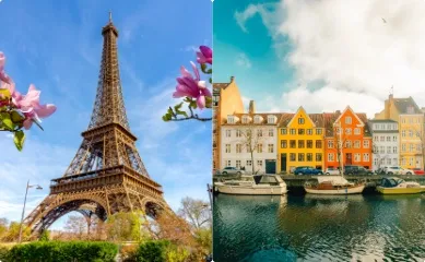 2-geteiltes Bild: Links der Eiffelturm in Paris vor rosafarbenen Blüten und rechts bunte Häuserreihe vor Fluss und Booten in Kopenhagen.