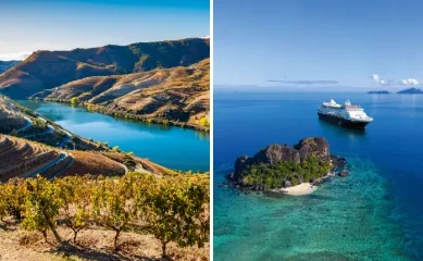 Angebote der Woche von nicko cruises 2-teiliges Bild: links Weinberge am Ufer des portugiesischen Douro im Sommer, rechts die VASCO DA GAMA in der Karibik neben einer kleinen naturbelassenen Insel.