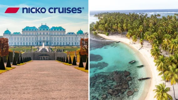 2-teiliges Bild: links SChloss Belvedere in Wien, rechts ein Strand mit Palmen und klarem Wasser in der Nähe von Panama City.
